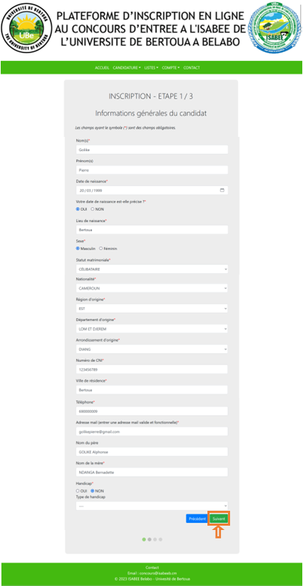 Etape 1 de l'inscription